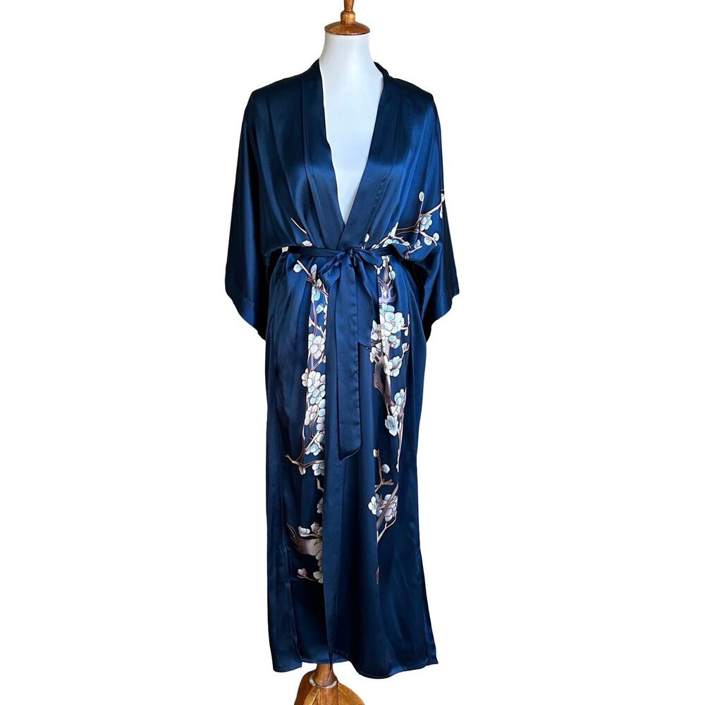 Kim + Ono 100% Silk Long Kimono Robe Blue Cherry Blossom Handpainted OS